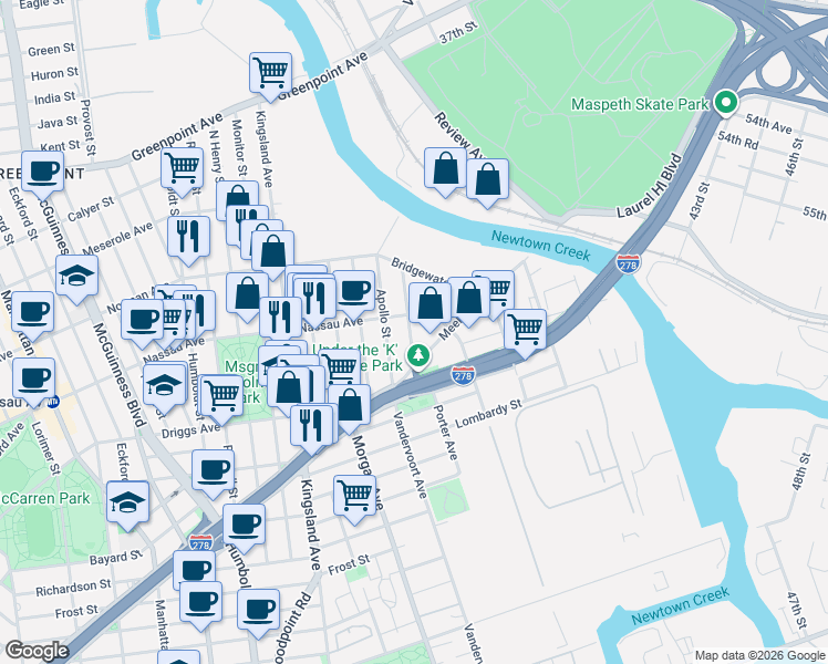 map of restaurants, bars, coffee shops, grocery stores, and more near 345 Nassau Avenue in Brooklyn