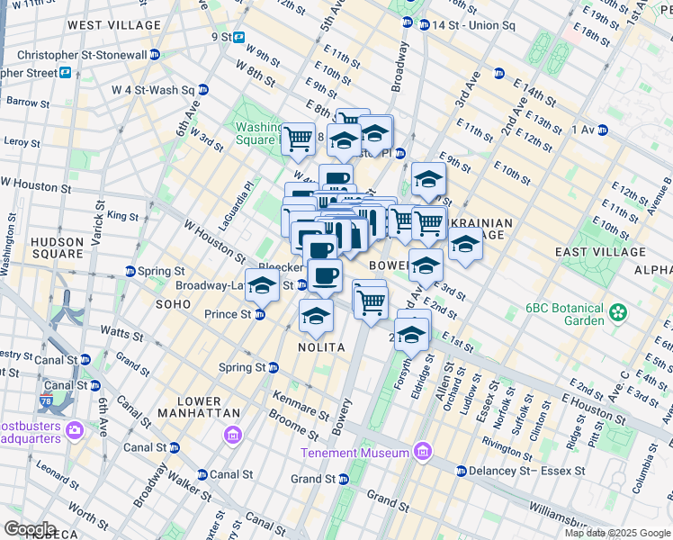map of restaurants, bars, coffee shops, grocery stores, and more near Bleecker Street in New York