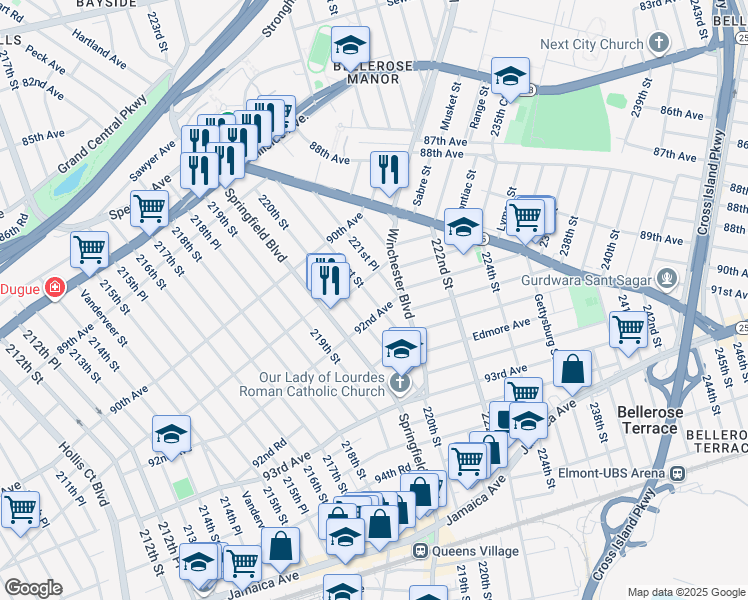map of restaurants, bars, coffee shops, grocery stores, and more near 221-01 91st Road in Queens