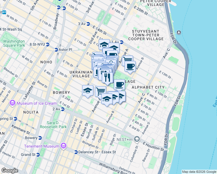map of restaurants, bars, coffee shops, grocery stores, and more near 132 East 7th Street in New York