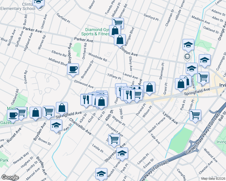 map of restaurants, bars, coffee shops, grocery stores, and more near 65 Headley Terrace in Irvington