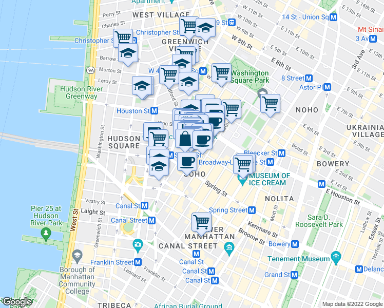 map of restaurants, bars, coffee shops, grocery stores, and more near 144 Sullivan Street in New York