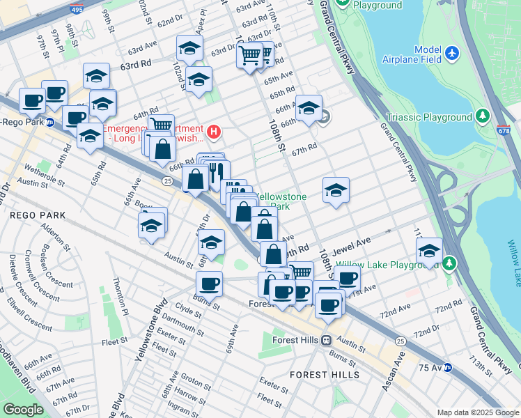 map of restaurants, bars, coffee shops, grocery stores, and more near 68-12 Yellowstone Boulevard in Queens