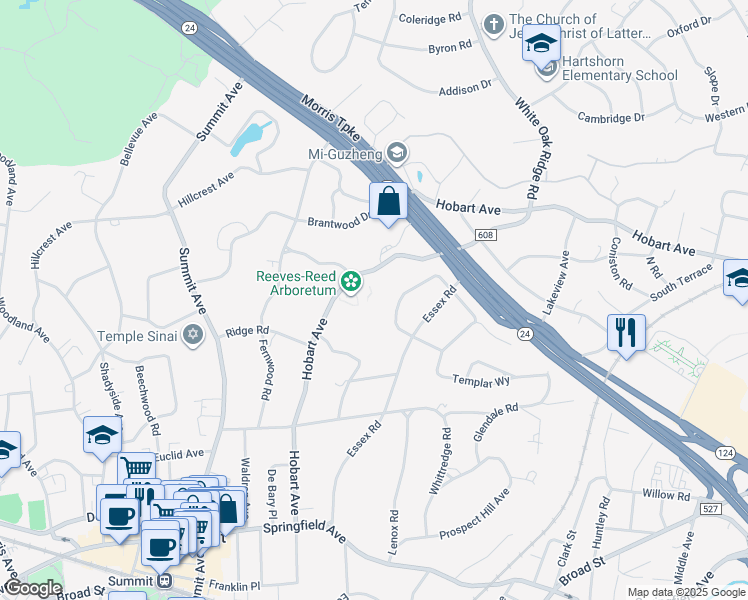 map of restaurants, bars, coffee shops, grocery stores, and more near 165 Hobart Avenue in Summit