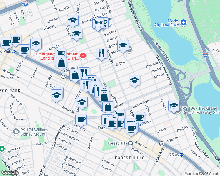 map of restaurants, bars, coffee shops, grocery stores, and more near 107-17 68th Road in Queens