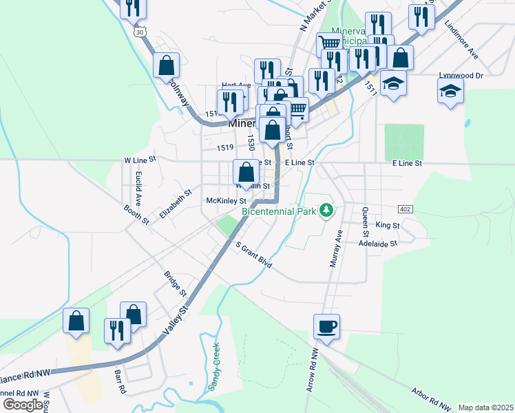 map of restaurants, bars, coffee shops, grocery stores, and more near 301 Valley Street in Minerva