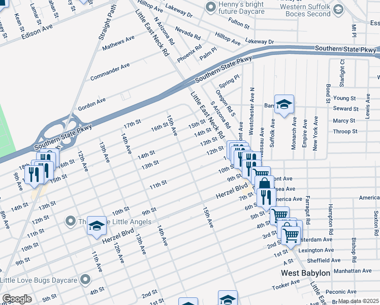 map of restaurants, bars, coffee shops, grocery stores, and more near 1530 13th Street in West Babylon
