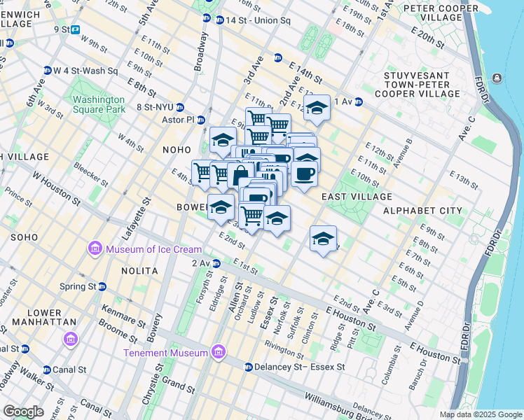 map of restaurants, bars, coffee shops, grocery stores, and more near 331 East 5th Street in New York