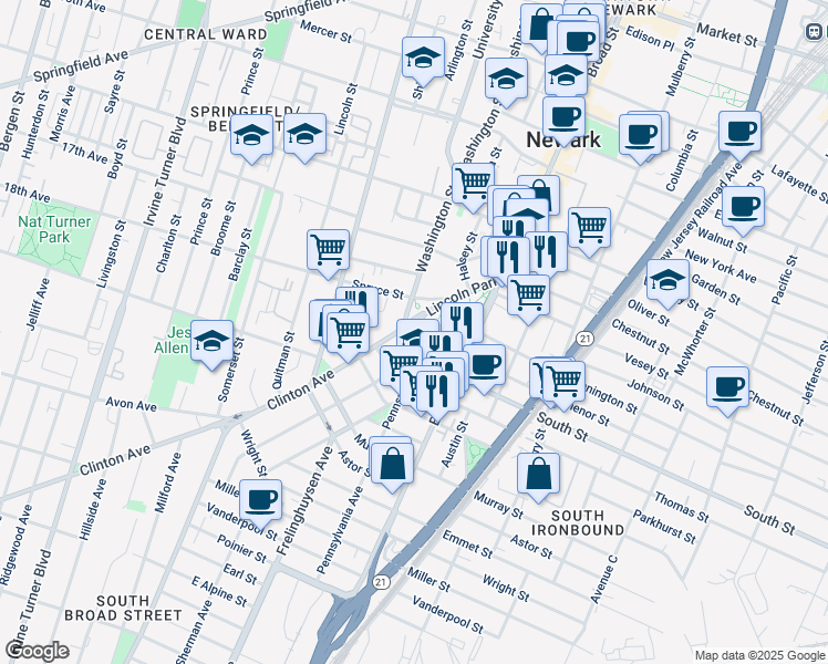 map of restaurants, bars, coffee shops, grocery stores, and more near 50-72 Lincoln Park in Newark