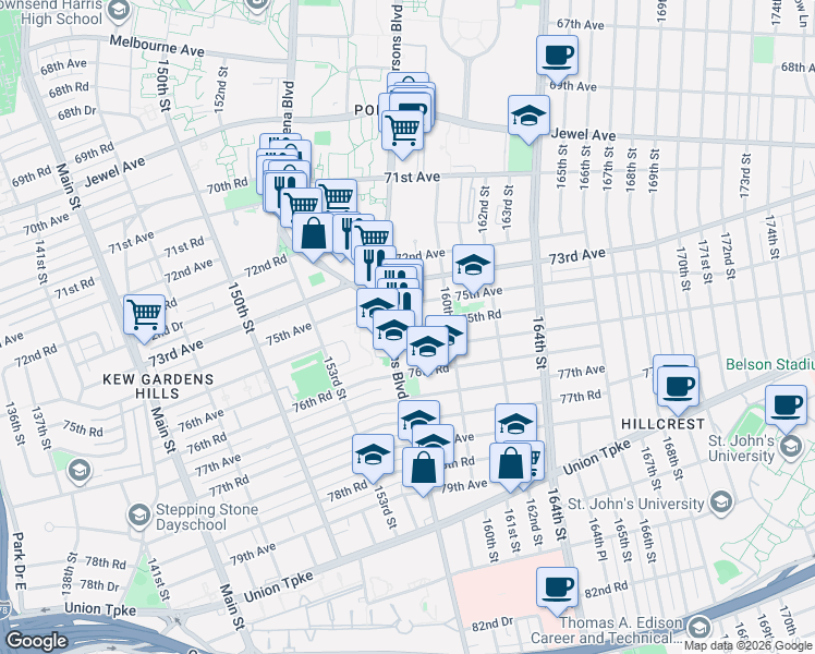 map of restaurants, bars, coffee shops, grocery stores, and more near 75-01 Parsons Boulevard in Queens
