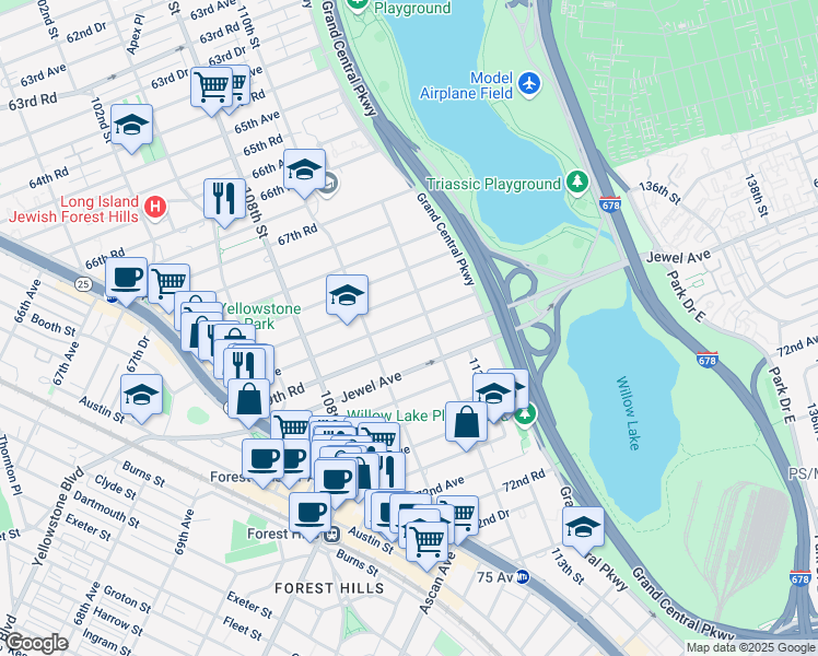 map of restaurants, bars, coffee shops, grocery stores, and more near 110-46 68th Drive in Queens