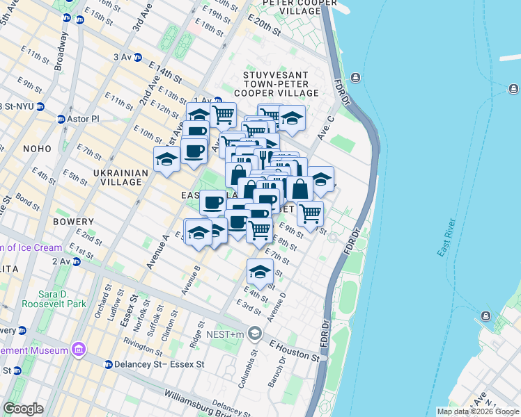 map of restaurants, bars, coffee shops, grocery stores, and more near 375 East 10th Street in New York