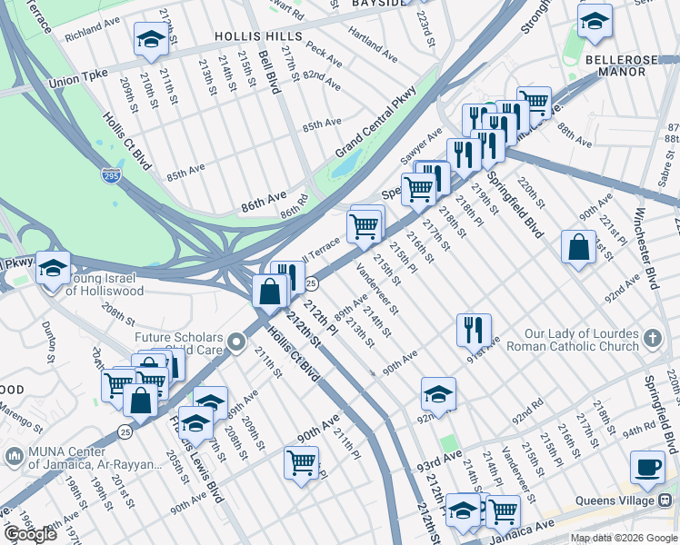 map of restaurants, bars, coffee shops, grocery stores, and more near 214-02 Whitehall Terrace in Queens