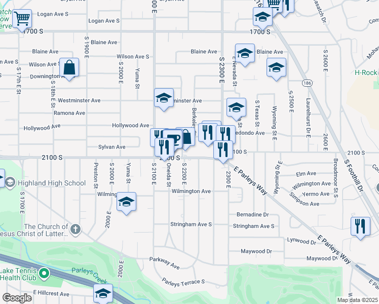 map of restaurants, bars, coffee shops, grocery stores, and more near 2213 East 2100 South in Salt Lake City