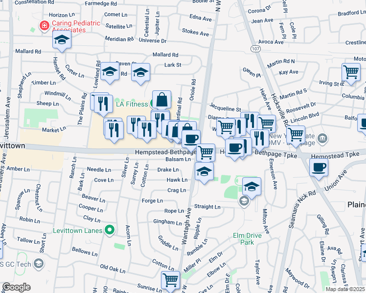 map of restaurants, bars, coffee shops, grocery stores, and more near 42 Oriole Road in Levittown
