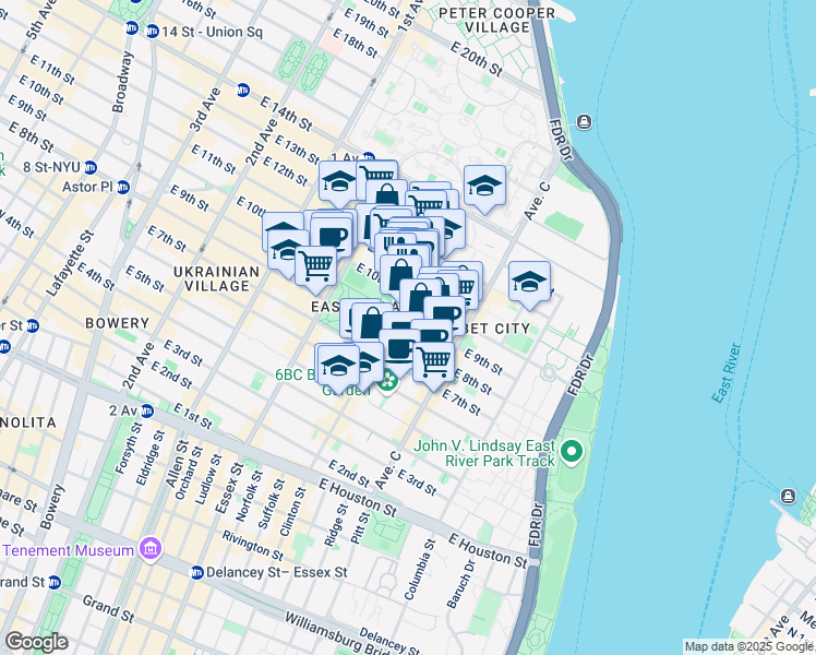 map of restaurants, bars, coffee shops, grocery stores, and more near 608 East 9th Street in New York