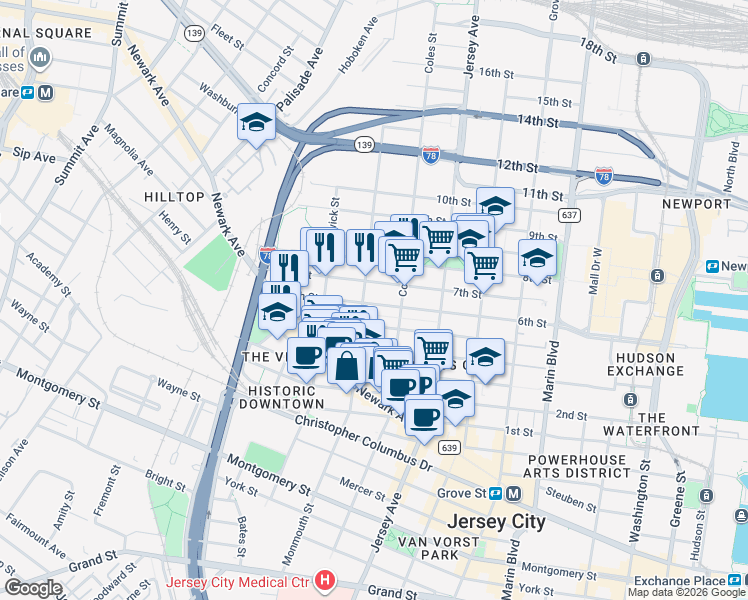 map of restaurants, bars, coffee shops, grocery stores, and more near 463 Monmouth Street in Jersey City