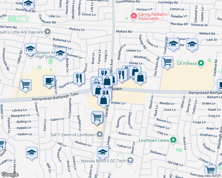 map of restaurants, bars, coffee shops, grocery stores, and more near Hempstead Turnpike & Jerusalem Ave in Levittown