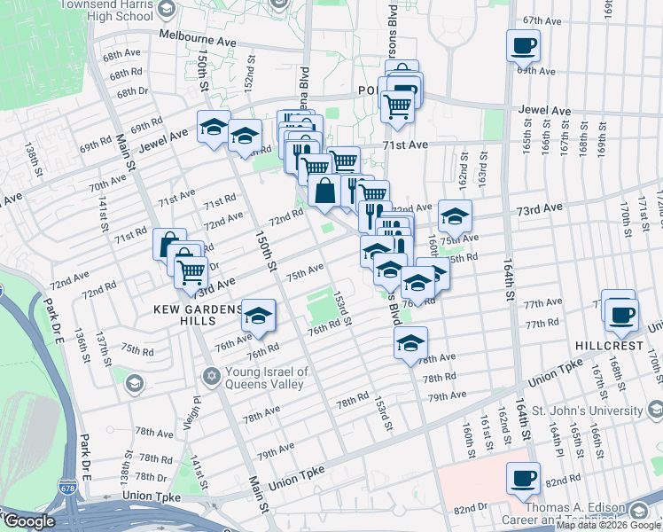 map of restaurants, bars, coffee shops, grocery stores, and more near 153-14 73rd Avenue in Queens