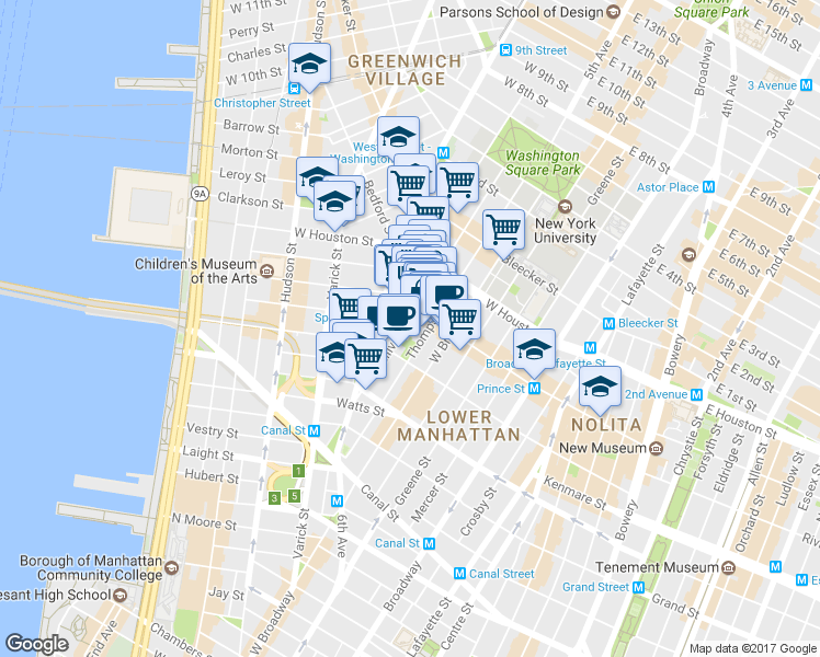map of restaurants, bars, coffee shops, grocery stores, and more near 144 Sullivan Street in New York