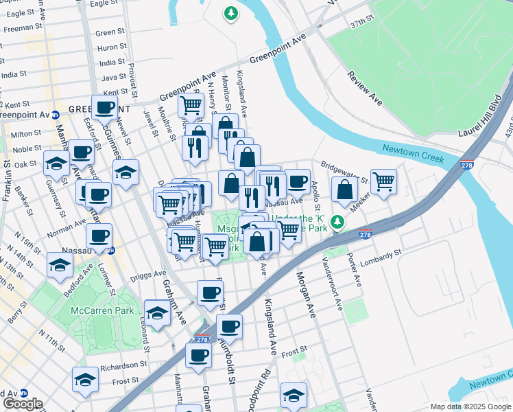 map of restaurants, bars, coffee shops, grocery stores, and more near Kingsland Avenue in Brooklyn