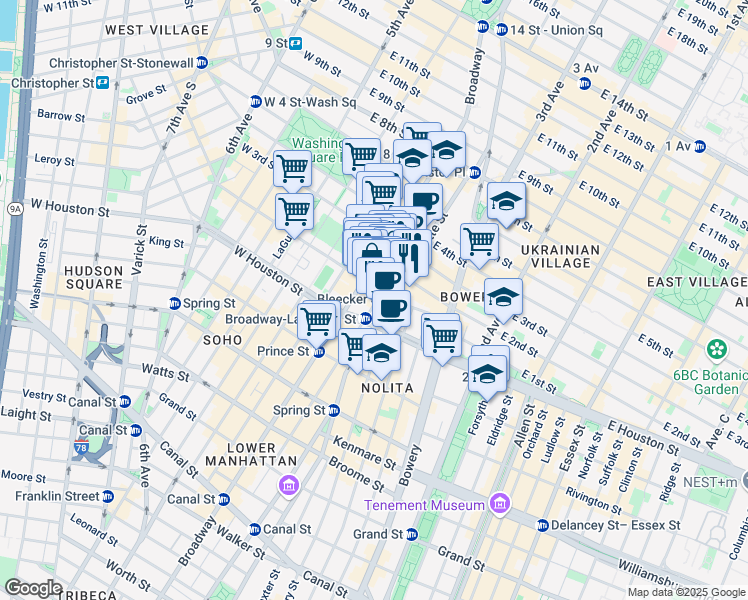 map of restaurants, bars, coffee shops, grocery stores, and more near 653 Broadway in New York