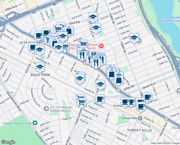 map of restaurants, bars, coffee shops, grocery stores, and more near 9934 67th Avenue in Queens