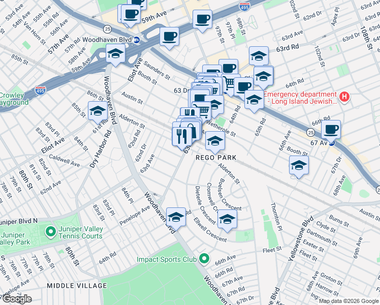 map of restaurants, bars, coffee shops, grocery stores, and more near 90-16 63rd Drive in Queens