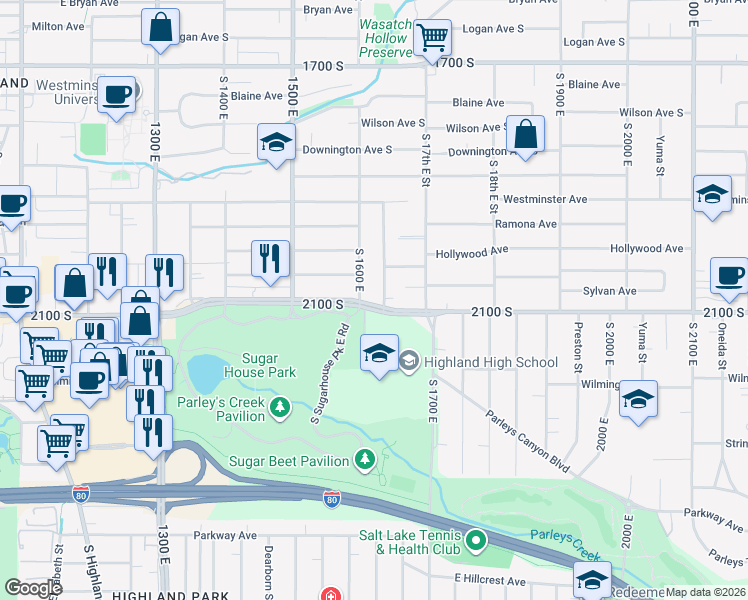 map of restaurants, bars, coffee shops, grocery stores, and more near 2010 South Imperial Street in Salt Lake City