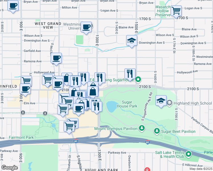 map of restaurants, bars, coffee shops, grocery stores, and more near 2003 View Street East in Salt Lake City