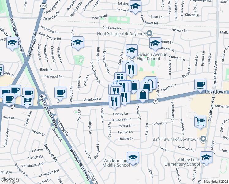 map of restaurants, bars, coffee shops, grocery stores, and more near 5 Valley Road in Levittown