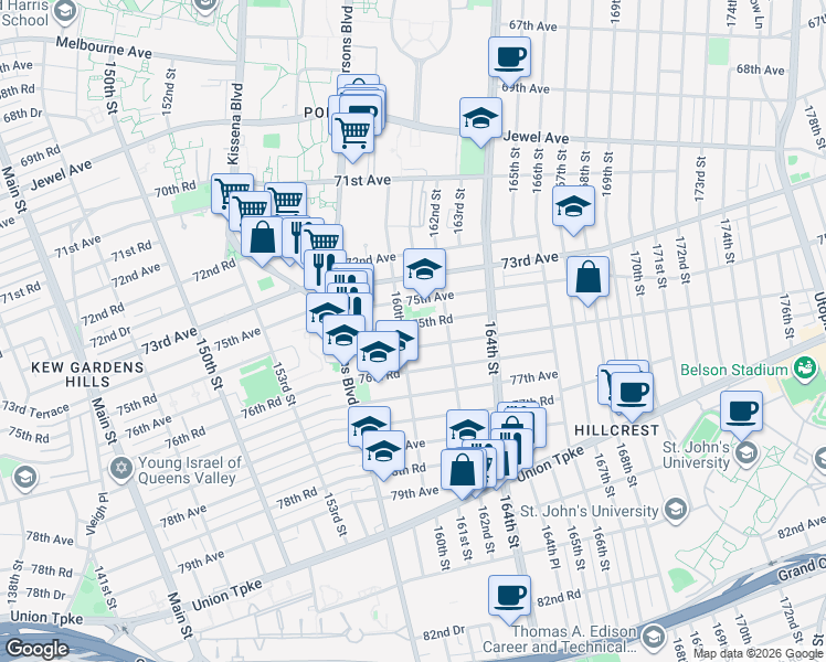map of restaurants, bars, coffee shops, grocery stores, and more near 75-20 162th Street in Queens