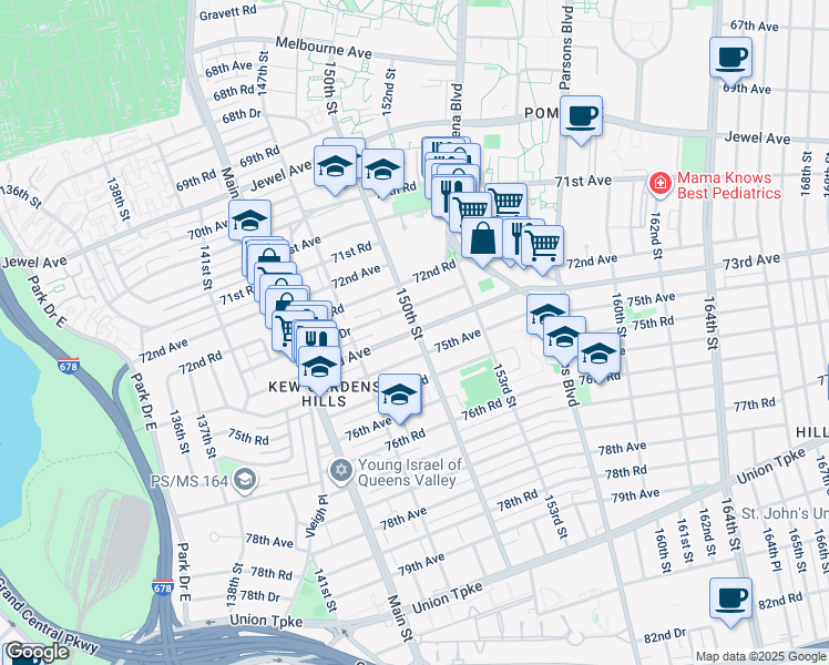 map of restaurants, bars, coffee shops, grocery stores, and more near 72-61 150th Street in Queens