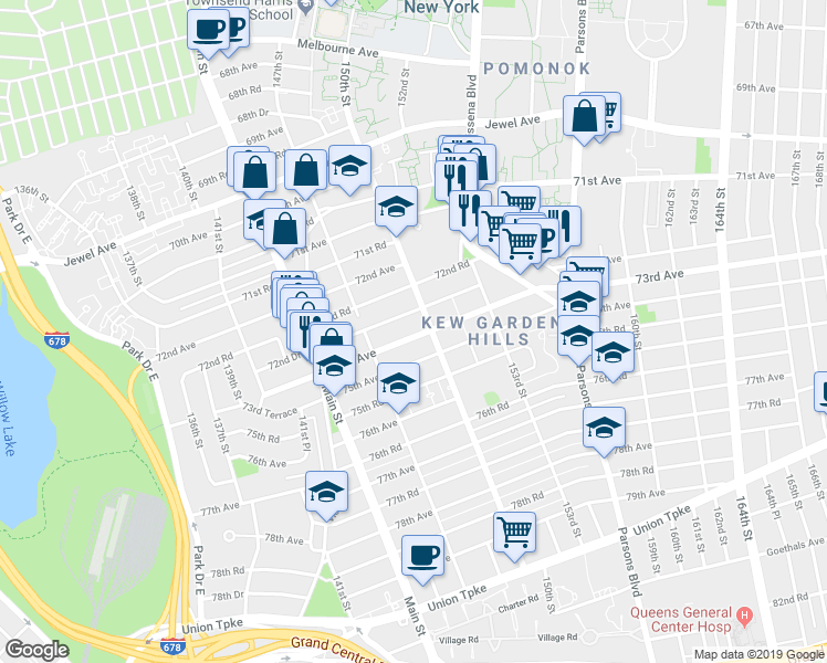 map of restaurants, bars, coffee shops, grocery stores, and more near 72-61 150th Street in Queens