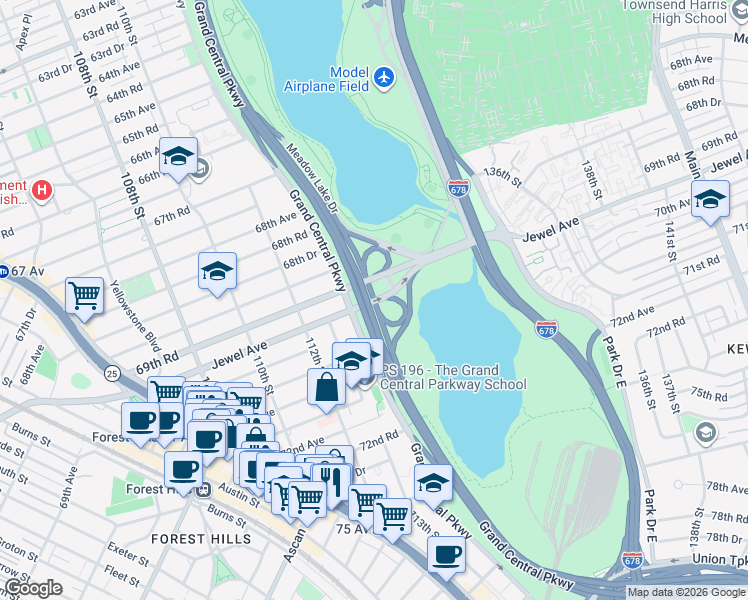 map of restaurants, bars, coffee shops, grocery stores, and more near 69th Road in Queens