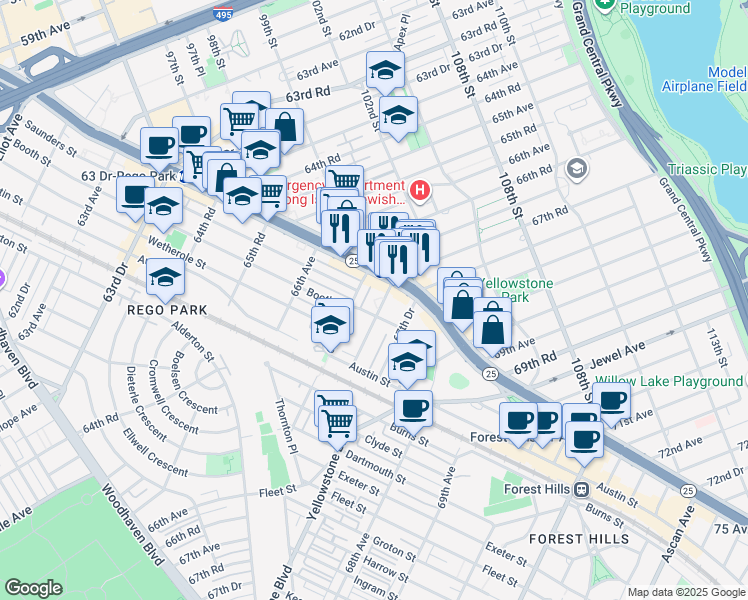 map of restaurants, bars, coffee shops, grocery stores, and more near in Queens