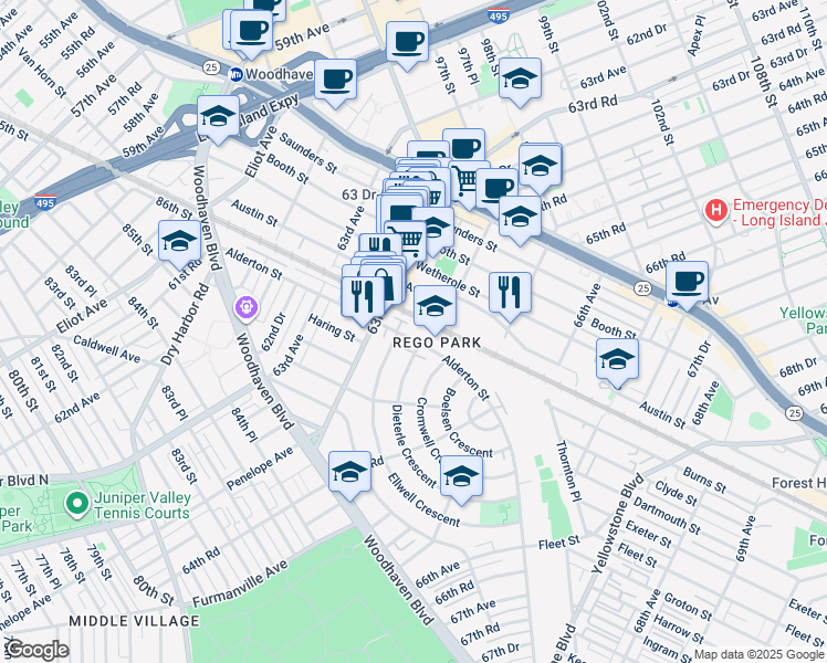 map of restaurants, bars, coffee shops, grocery stores, and more near in Queens
