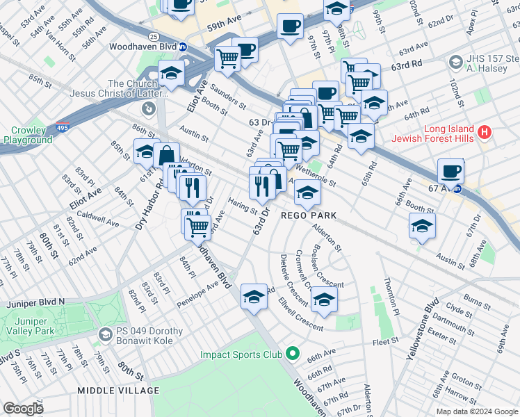 map of restaurants, bars, coffee shops, grocery stores, and more near 63-30 Alderton Street in Queens