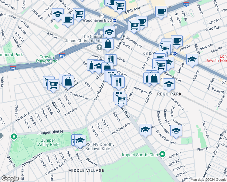 map of restaurants, bars, coffee shops, grocery stores, and more near in Queens