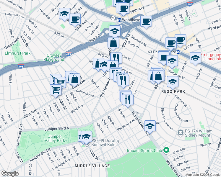 map of restaurants, bars, coffee shops, grocery stores, and more near 61-49 Dry Harbor Road in Queens
