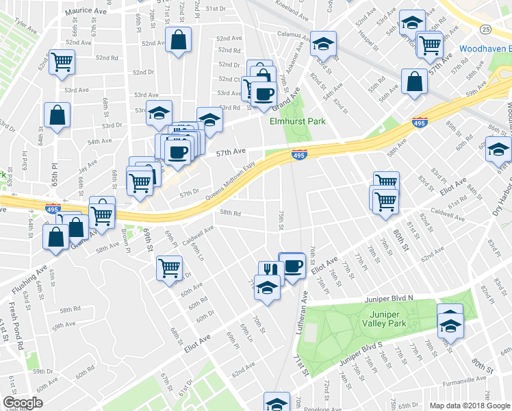 map of restaurants, bars, coffee shops, grocery stores, and more near 74-05 58th Avenue in Queens