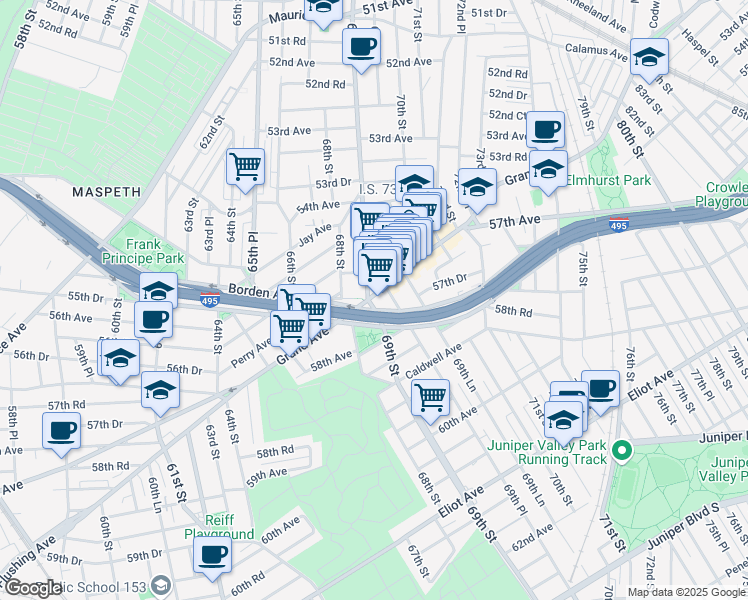 map of restaurants, bars, coffee shops, grocery stores, and more near 69-29 Grand Avenue in Queens