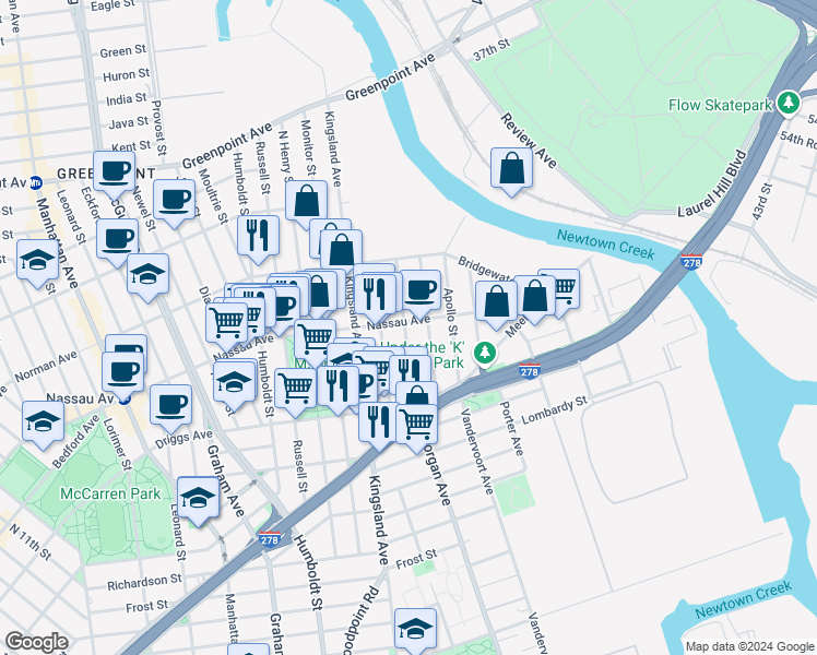 map of restaurants, bars, coffee shops, grocery stores, and more near 640 Morgan Avenue in Brooklyn