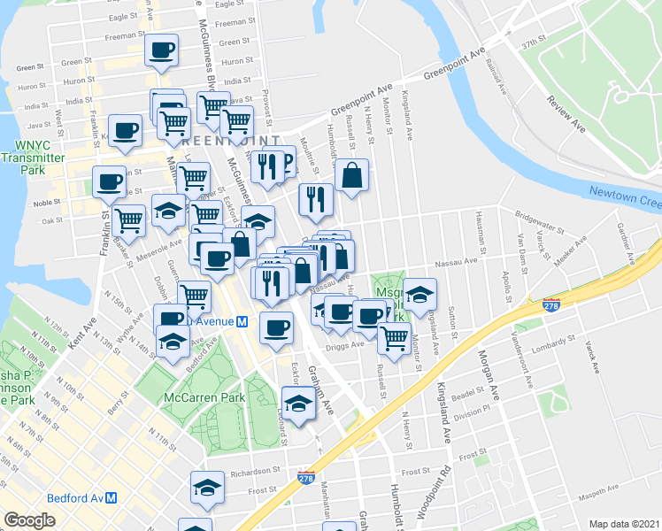 map of restaurants, bars, coffee shops, grocery stores, and more near 108A Diamond Street in Brooklyn