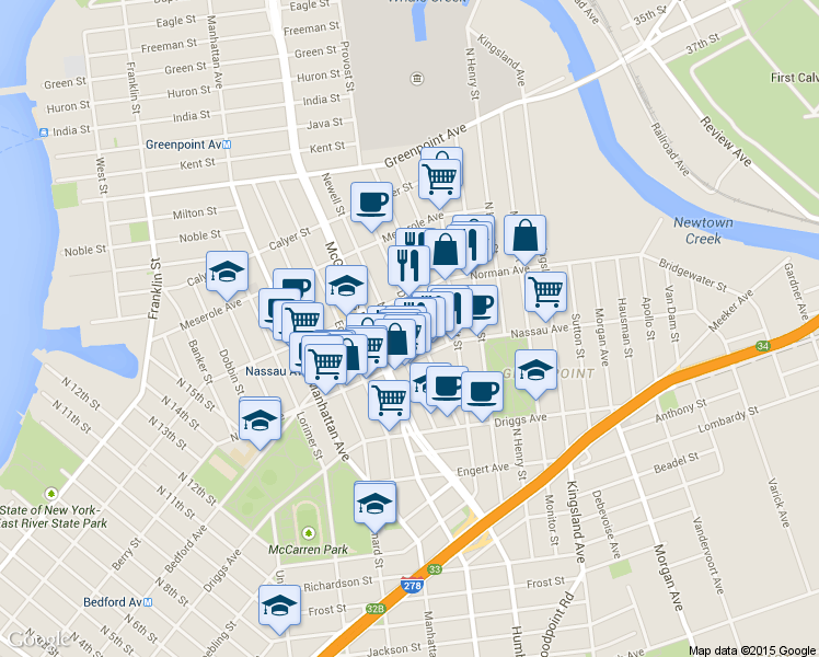 map of restaurants, bars, coffee shops, grocery stores, and more near 108A Diamond Street in Brooklyn