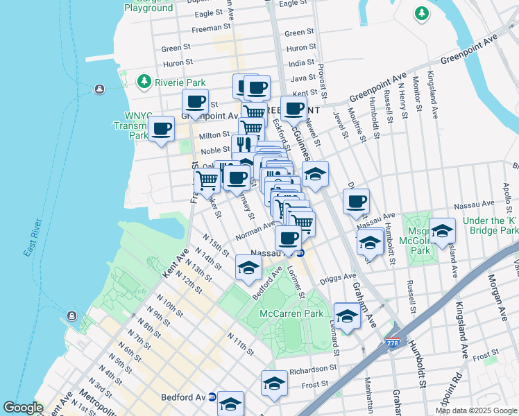 map of restaurants, bars, coffee shops, grocery stores, and more near 1032 Lorimer Street in Brooklyn