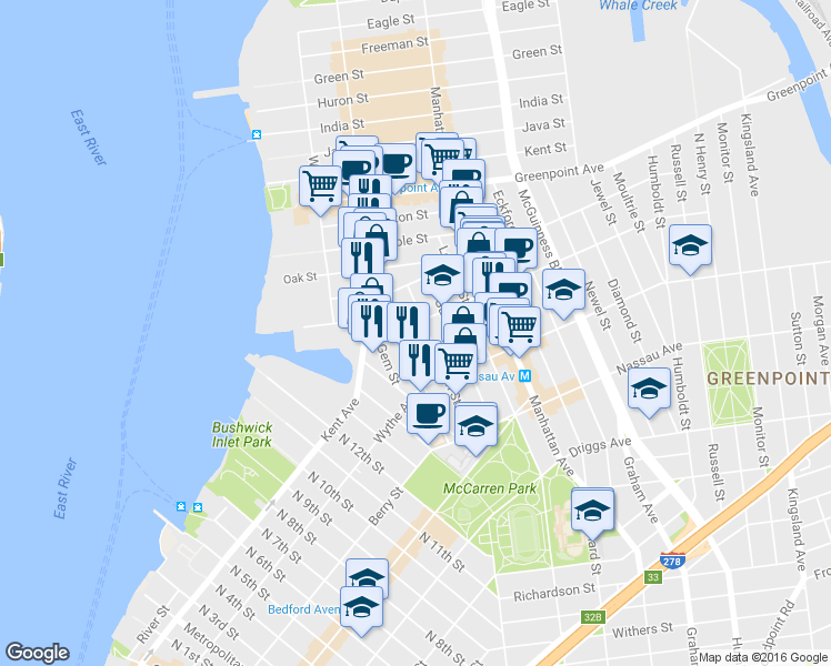 map of restaurants, bars, coffee shops, grocery stores, and more near in Brooklyn