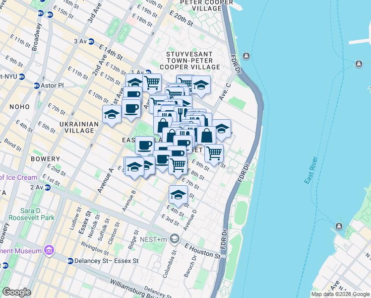 map of restaurants, bars, coffee shops, grocery stores, and more near 375 East 10th Street in New York