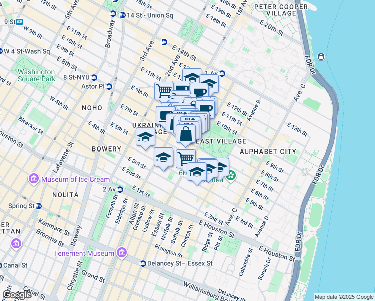 map of restaurants, bars, coffee shops, grocery stores, and more near 113 East 7th Street in New York