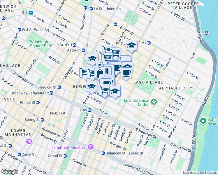 map of restaurants, bars, coffee shops, grocery stores, and more near 331 East 5th Street in New York